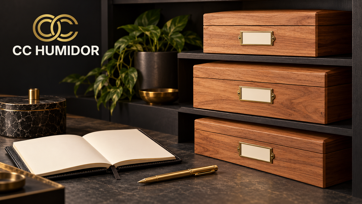 CC Humidor logo beside three cedar storage boxes with blank brass label holders and an open collection notebook.