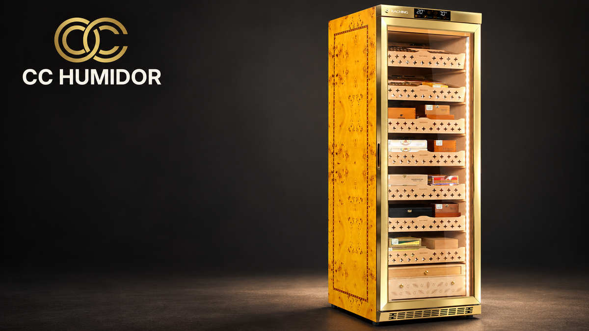 Raching MON3800A Golden cabinet in an editorial studio composition with the official CC Humidor double-C logo.
