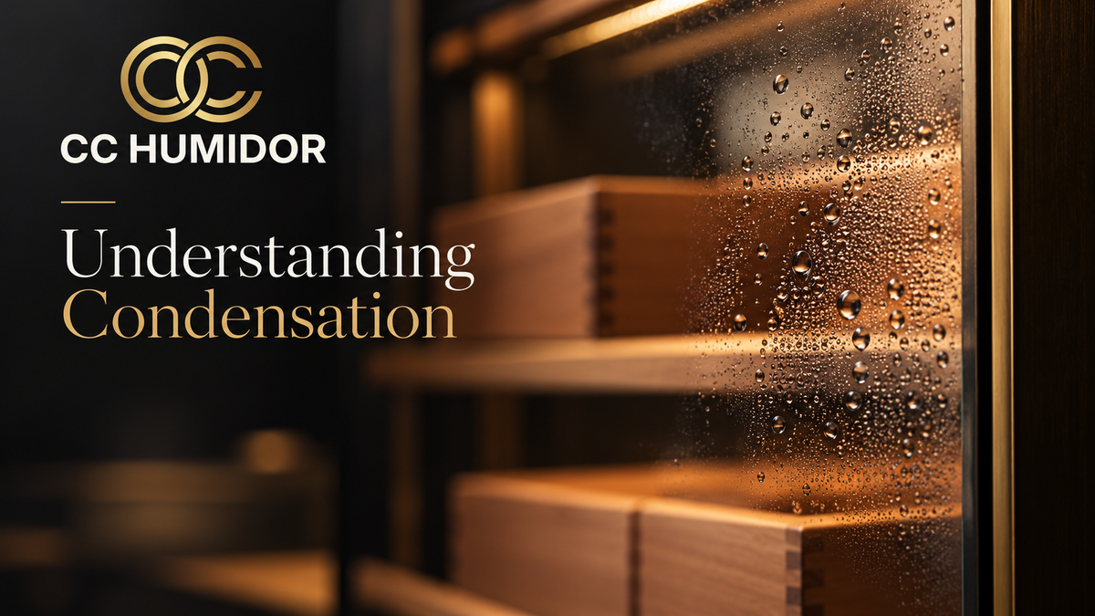 CC Humidor logo beside condensation droplets on conceptual cabinet glass, with cedar shelves and storage boxes behind.