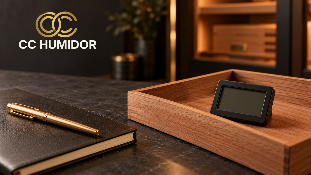 CC Humidor logo above a cedar tray with a portable hygrometer, notebook and gold pen; conceptual humidity-checking scene.