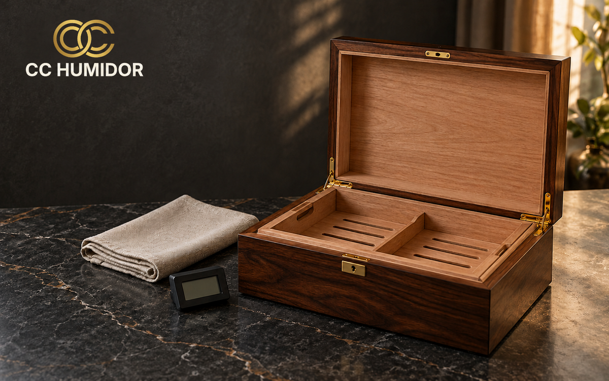 Empty cedar-lined wooden humidor and hygrometer before seasoning, with the official CC Humidor double-C logo.