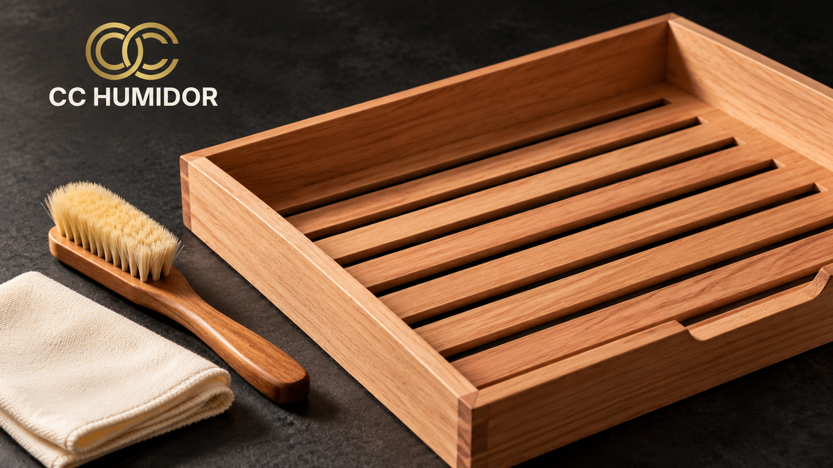 Spanish cedar humidor tray beside a dry soft brush and folded cloth on charcoal, with the official CC Humidor logo.