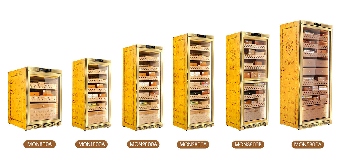 Raching MON water-cooled cigar humidor cabinet sizes in Golden finish