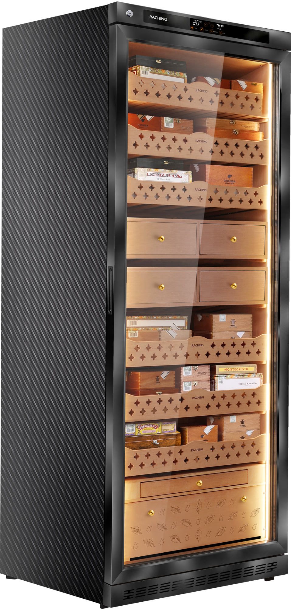Raching MON5800A cigar humidor cabinet in Carbon Fibre, Spanish cedar interior